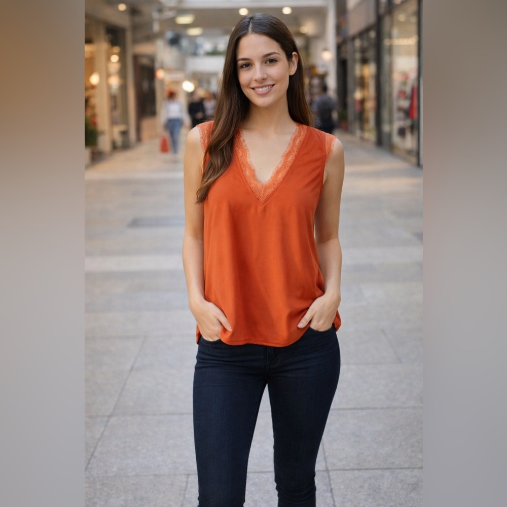 Elegant Coral V-Neck Lace Trim Tank Top
